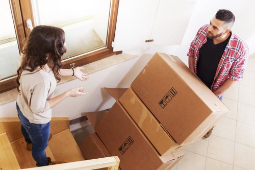 Happy movers delivering to a new home